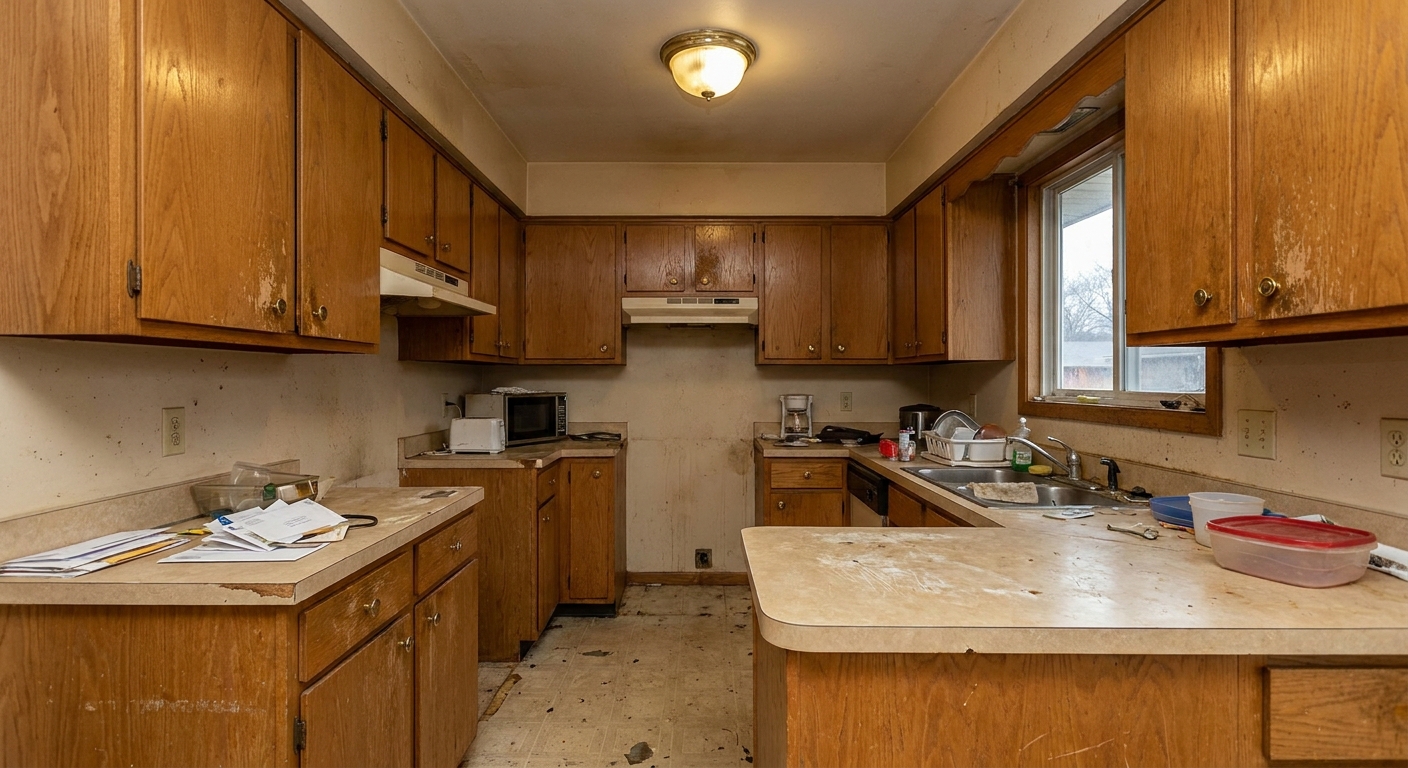 Worn big-box store kitchen cabinets showing delamination