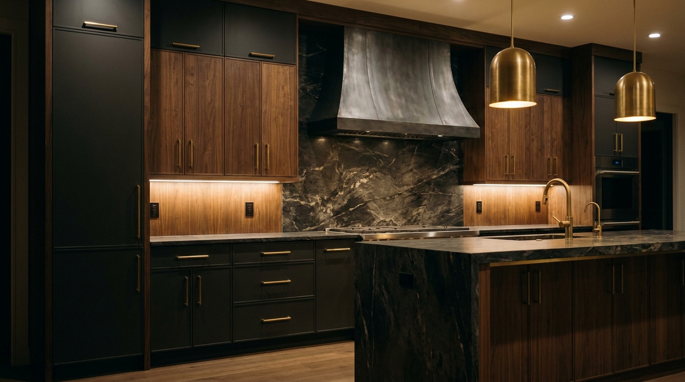 Dark luxury kitchen with brass accents
