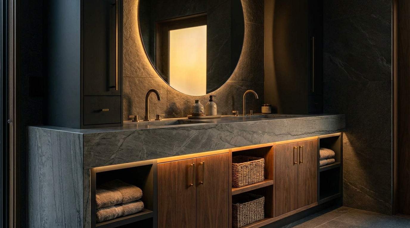High-end bathroom vanity with custom cabinetry
