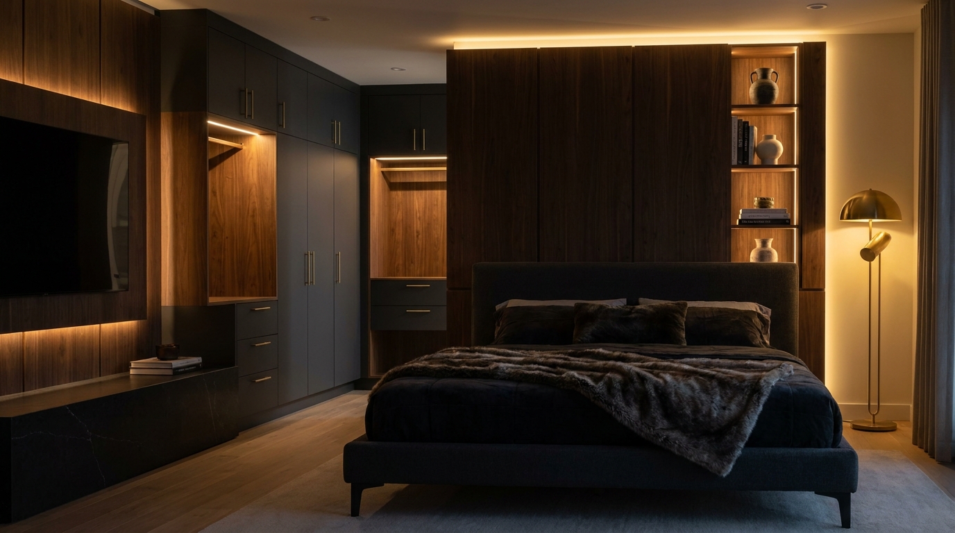 Custom bedroom built-ins with integrated wardrobe